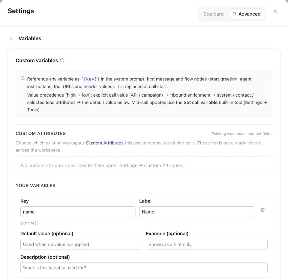 Custom variable editor with key, label, default value, example and description fields