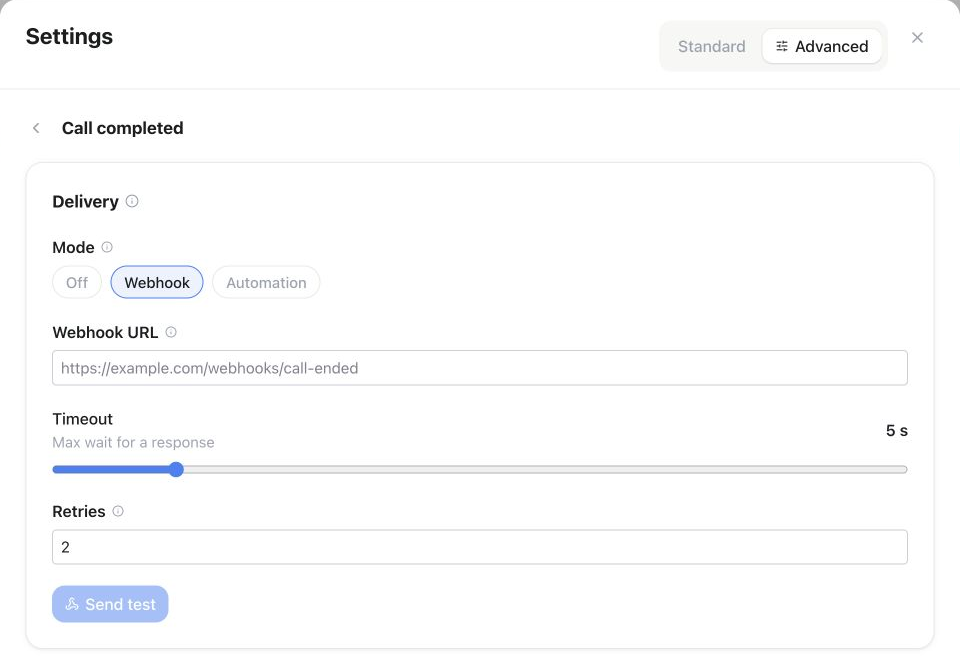 Call completed webhook form with URL, timeout, retry count and Send test