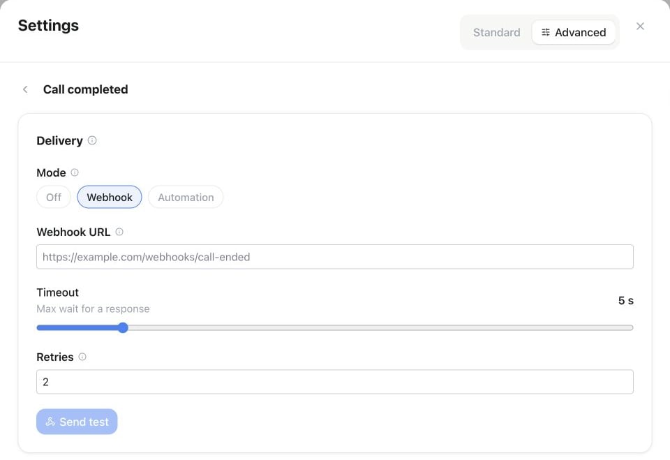 Call completed webhook form with URL, timeout, retry count and Send test