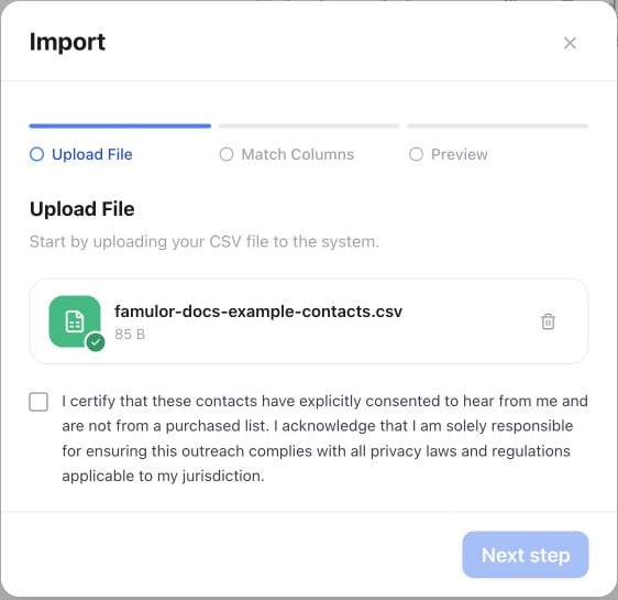 CSV import upload step with an example file and unchecked consent