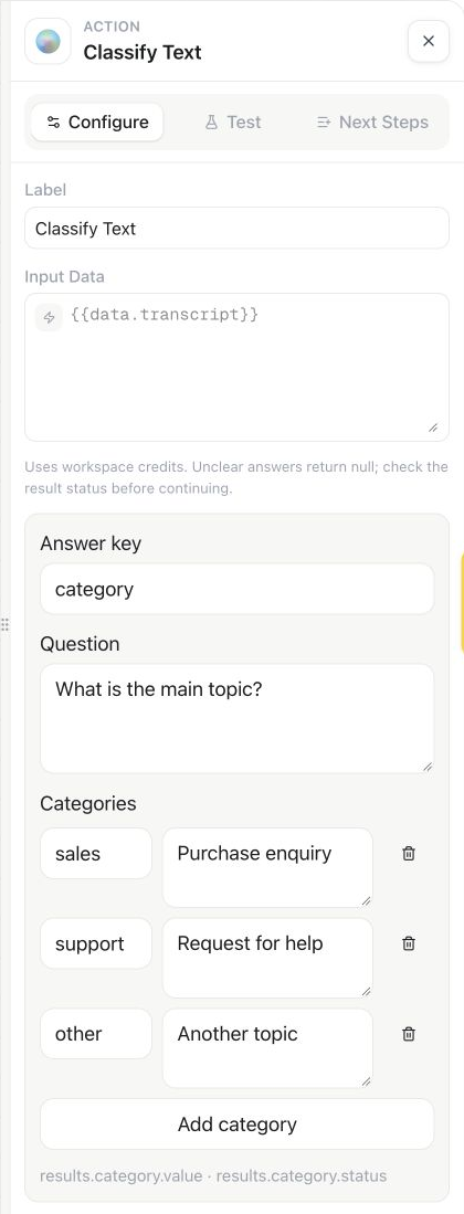 Classify Text action configuration with example categories