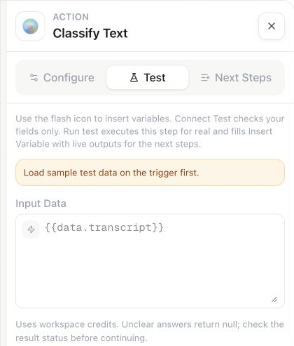 Classify Text Test panel requesting sample trigger data