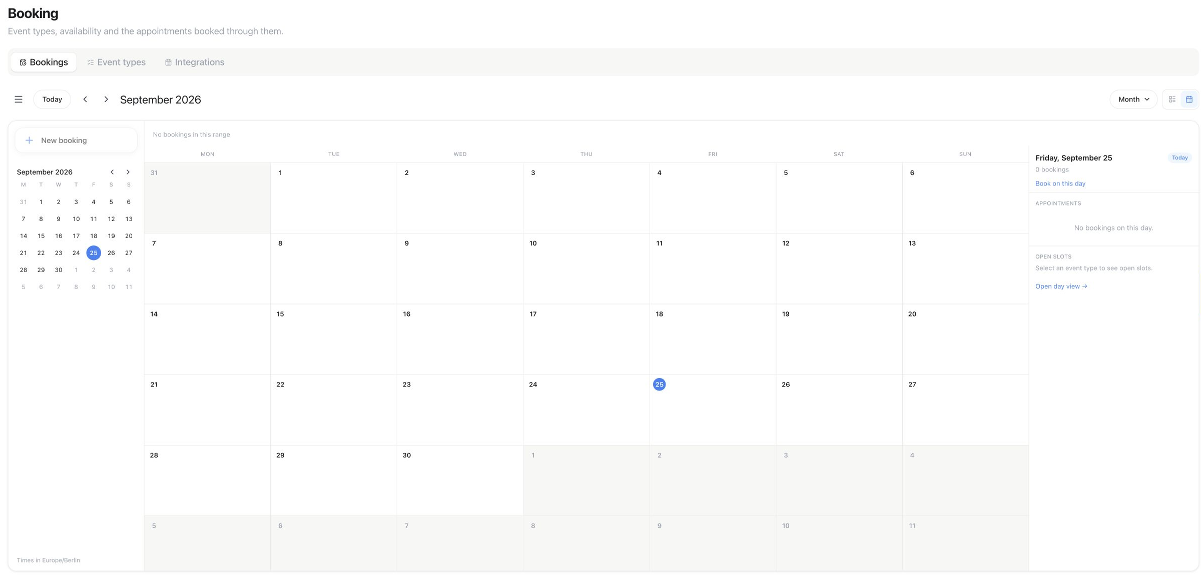 Booking calendar in Month view with no appointments