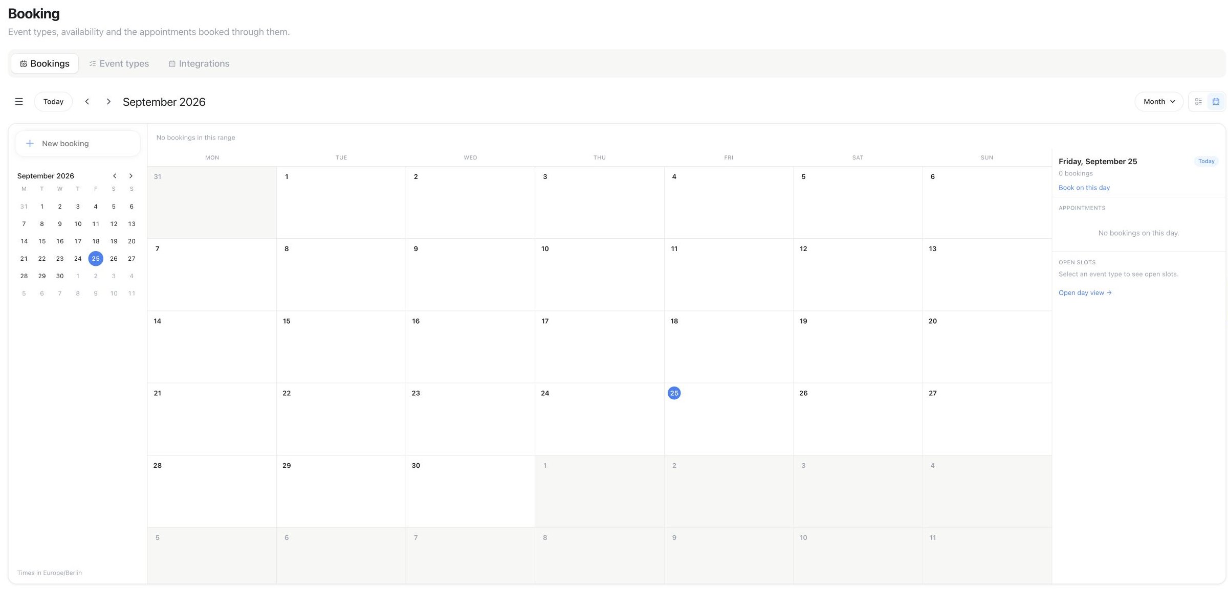 Booking calendar in Month view with no appointments