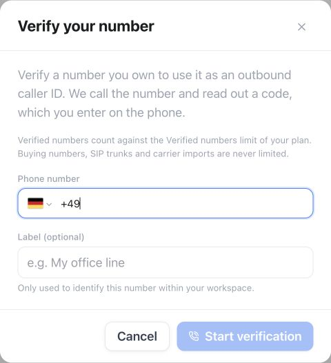 Caller ID verification form with empty phone and label fields and Start verification