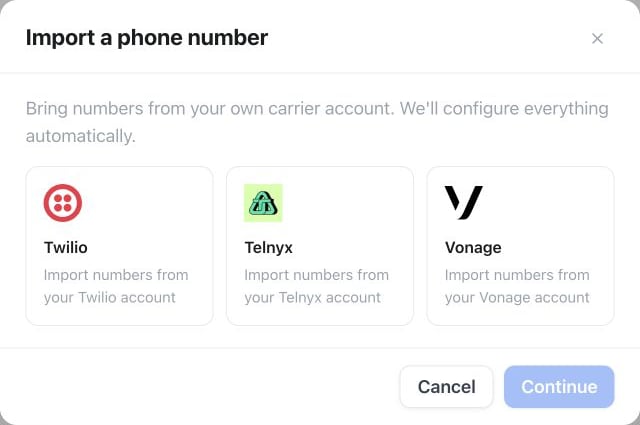 Carrier import chooser with Twilio, Telnyx and Vonage options
