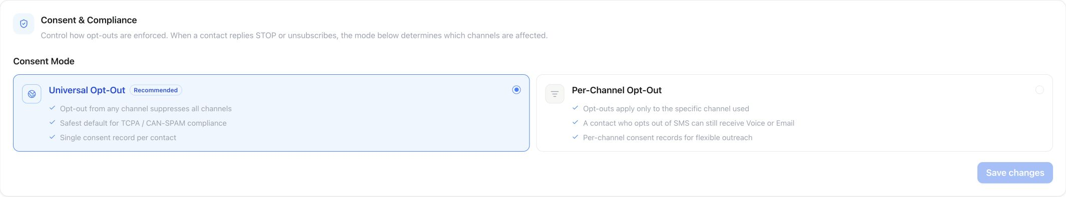 Consent mode selector with universal and per-channel opt-out options