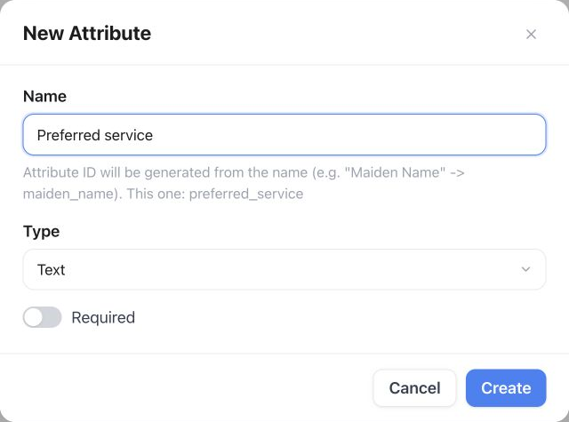New Attribute form with a Preferred service example, Text type and Required switch
