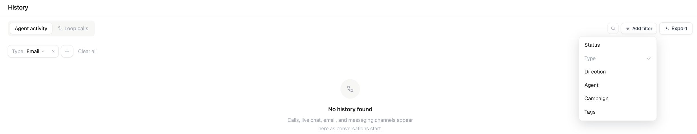 History with Email selected and the Add filter menu open