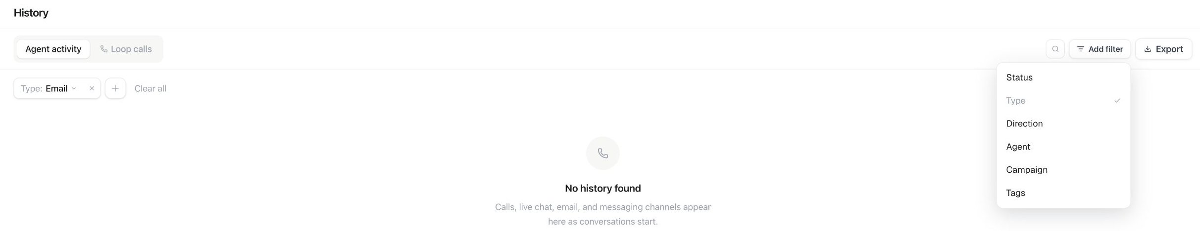 History with Email selected and the Add filter menu open