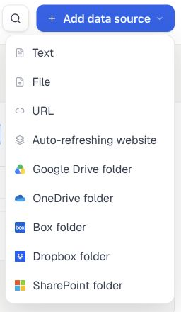 Add data source menu in a knowledge base