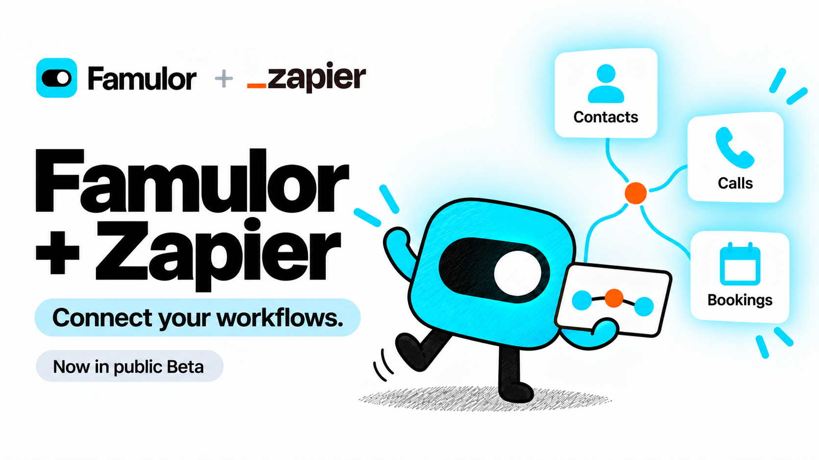 Famulor mascot with the Famulor and Zapier logos, connecting contacts, calls and bookings