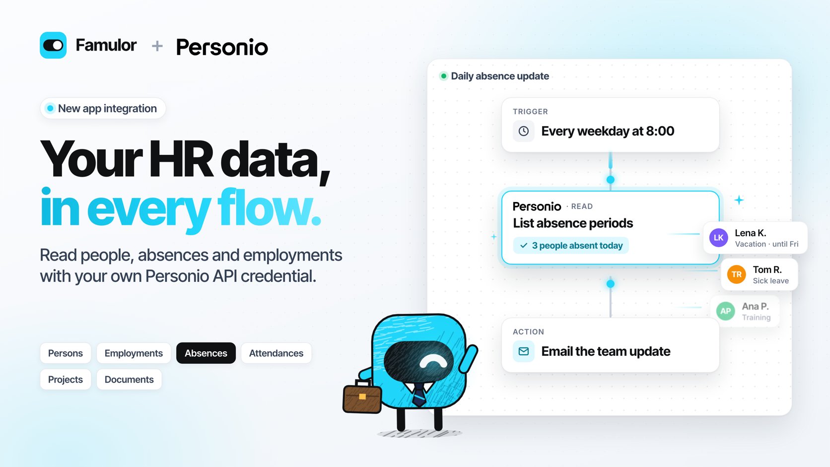 Famulor and Personio logos above an automation that reads absences and employments from Personio