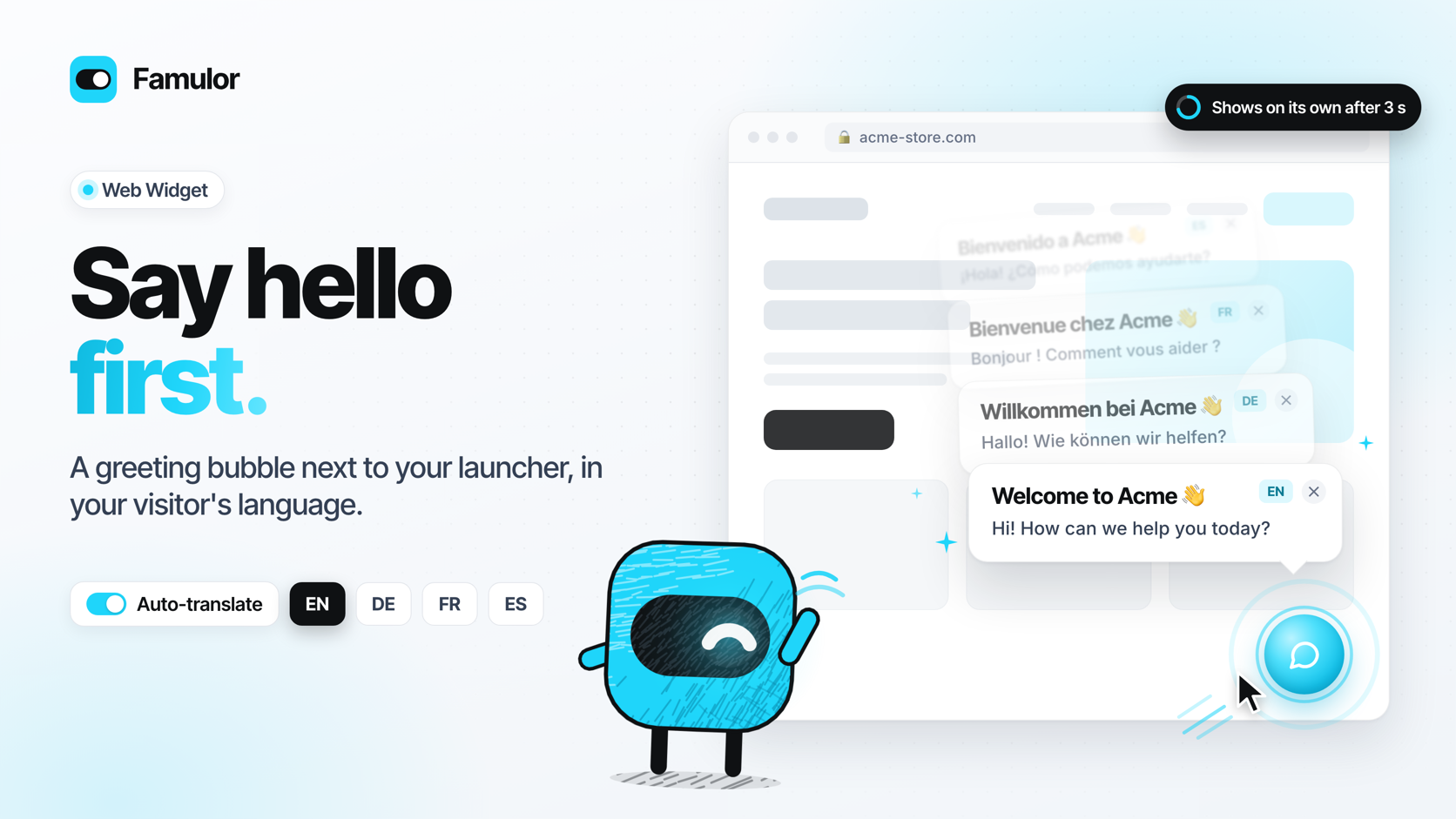 A Famulor website widget shows a greeting bubble next to the closed launcher, in English, German, French and Spanish