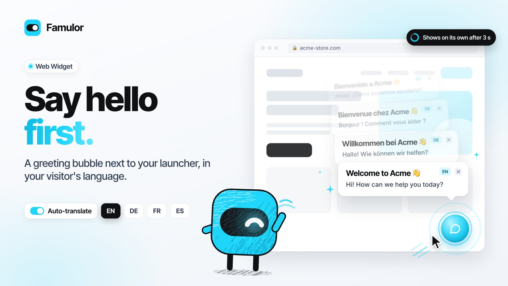 A Famulor website widget shows a greeting bubble next to the closed launcher, in English, German, French and Spanish
