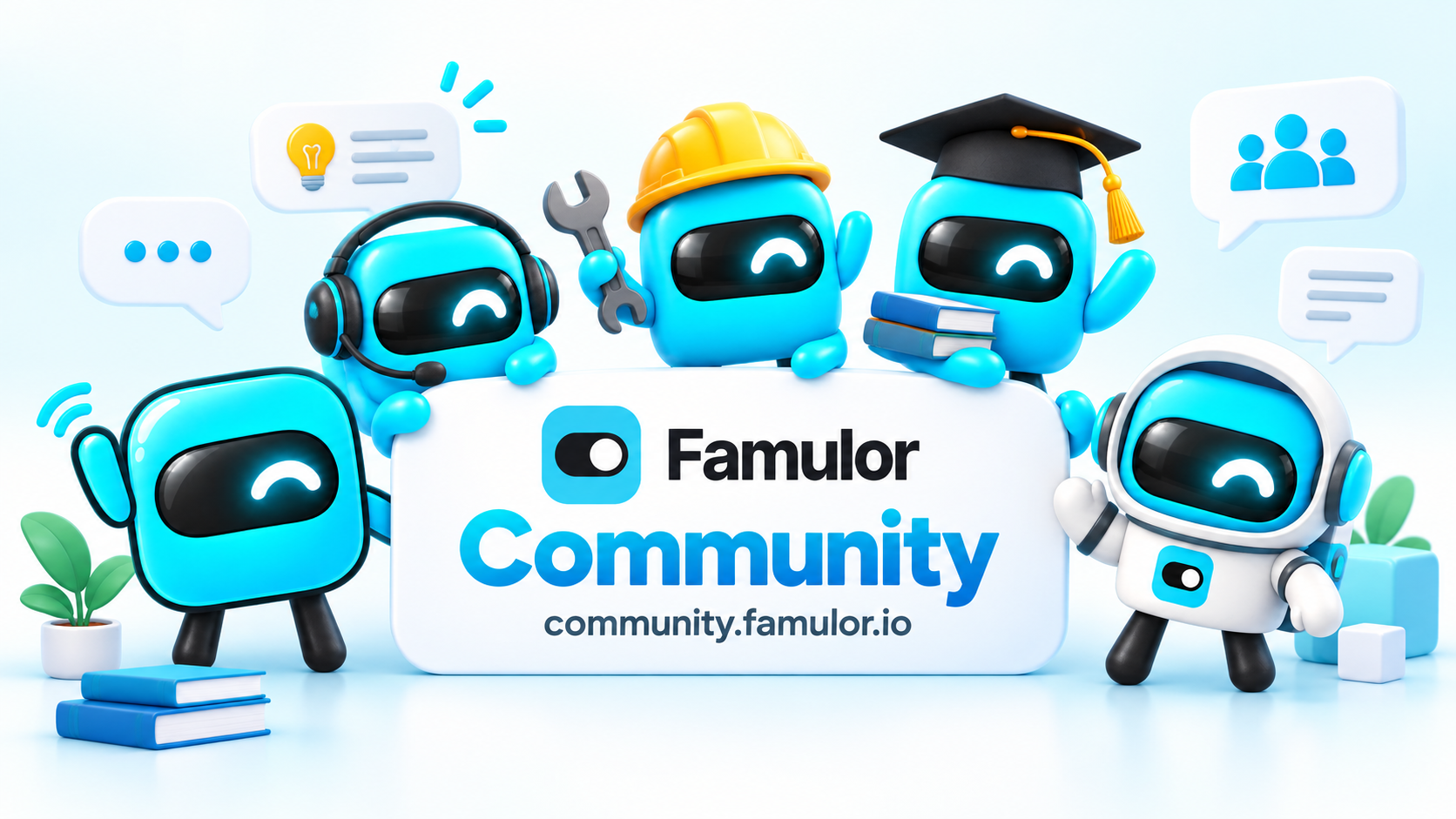 Famulor mascots in different outfits welcoming builders to community.famulor.io