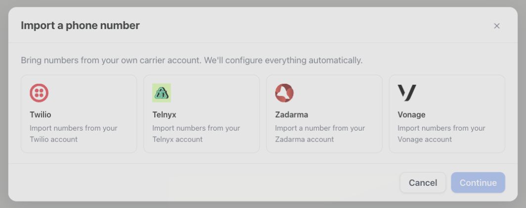 Carrier import chooser with Twilio, Telnyx, Zadarma and Vonage in one row