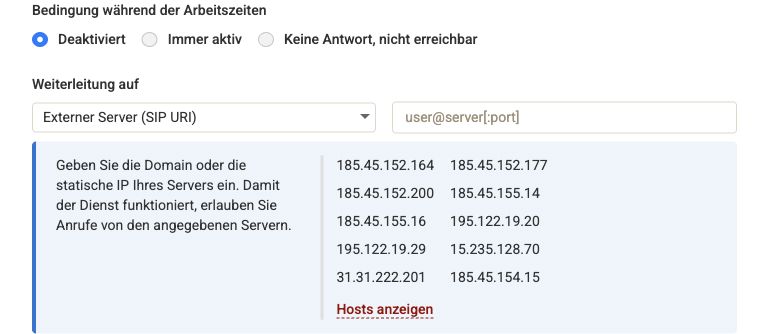 Zadarma PBX external-server forwarding form and signaling addresses