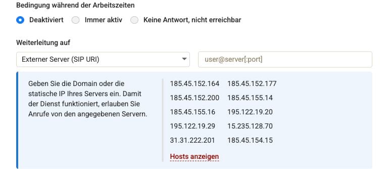 Zadarma PBX external-server forwarding form and signaling addresses