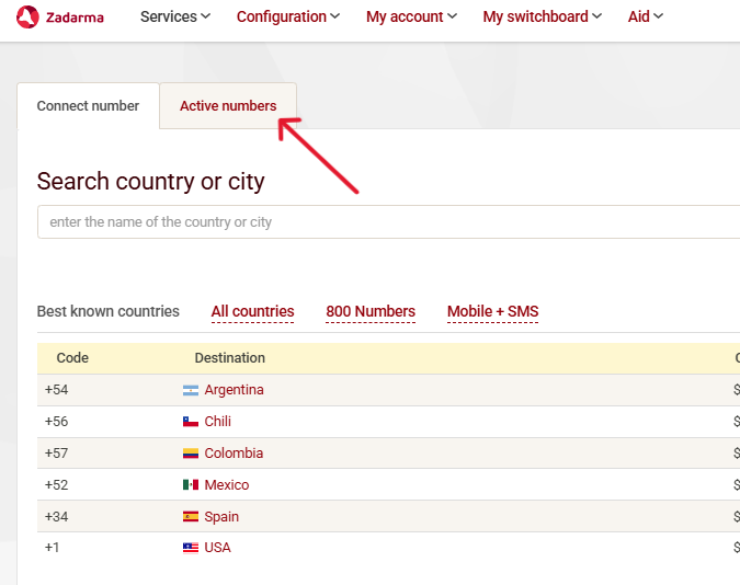 Active numbers tab