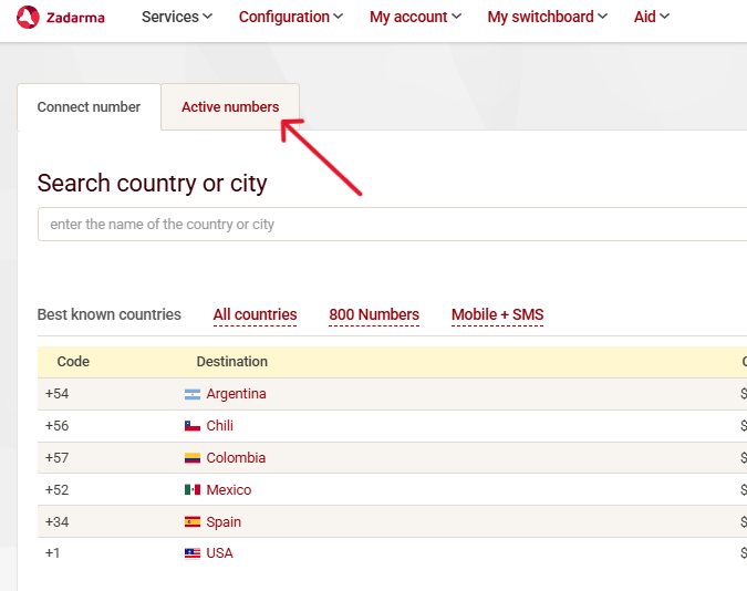 Active numbers tab