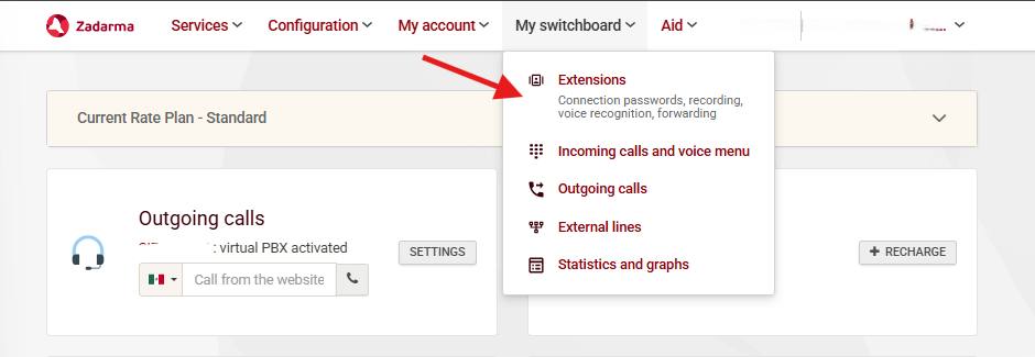 PBX extensions menu