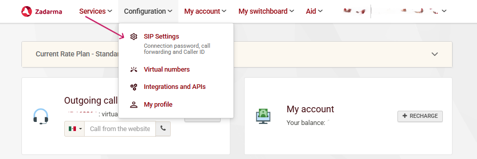 SIP settings menu