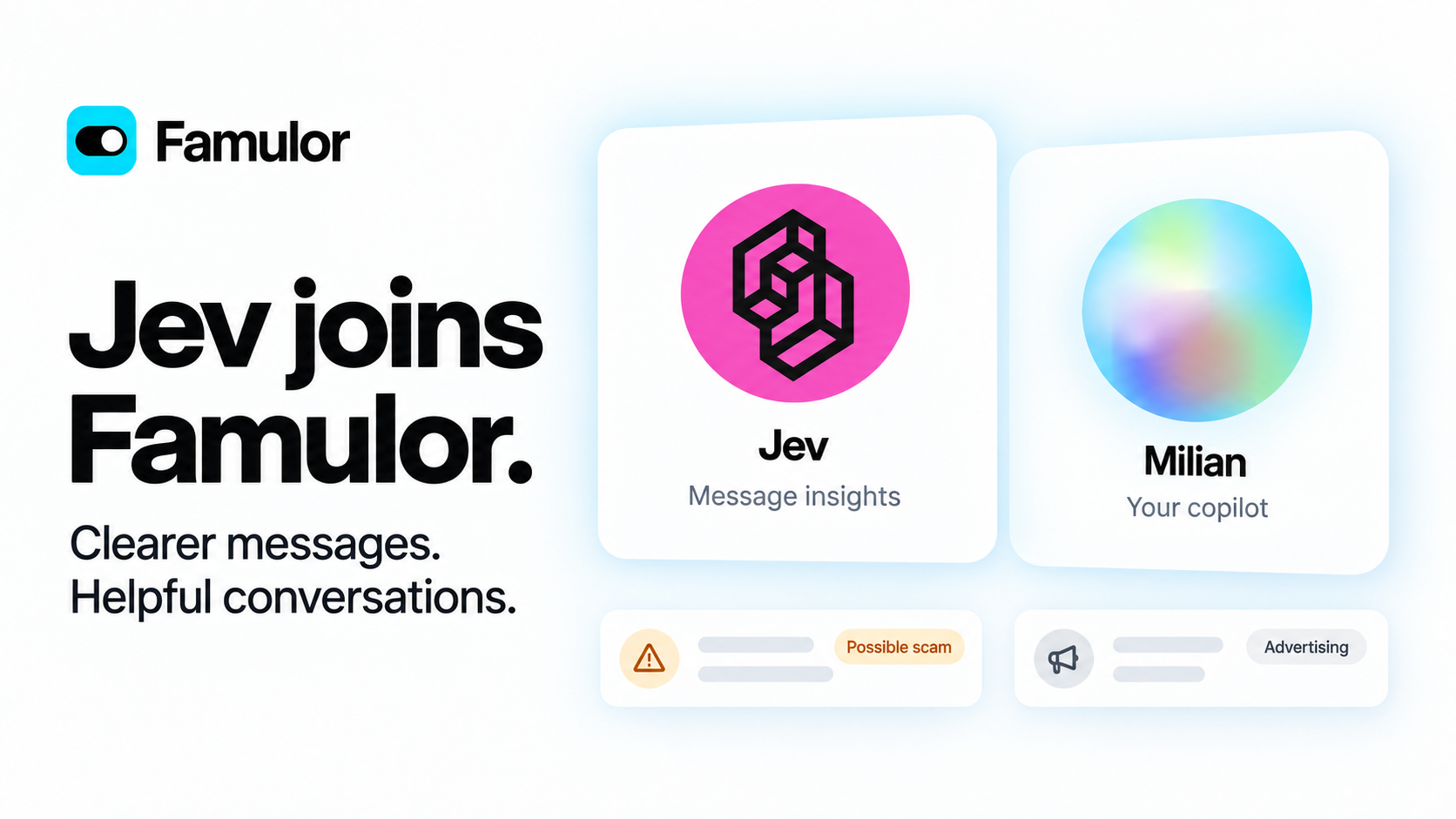 Famulor, the Jev mark and the Milian orb, with Possible scam and Advertising message labels