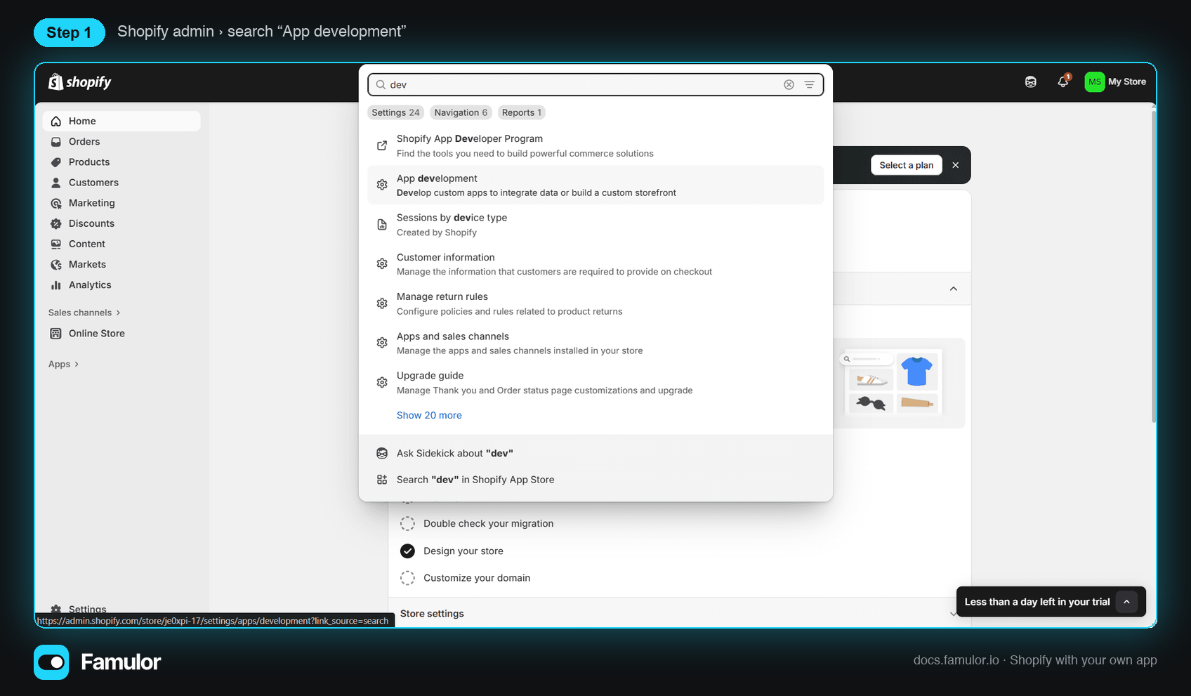 Shopify admin search with App development highlighted