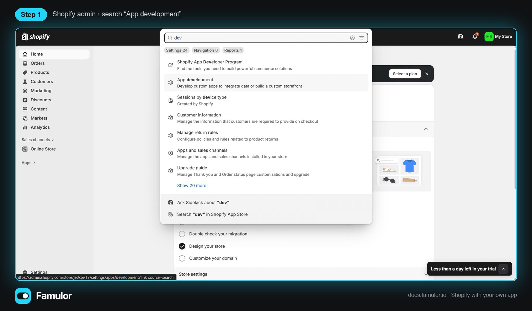Shopify-Admin-Suche mit hervorgehobenem Eintrag App development