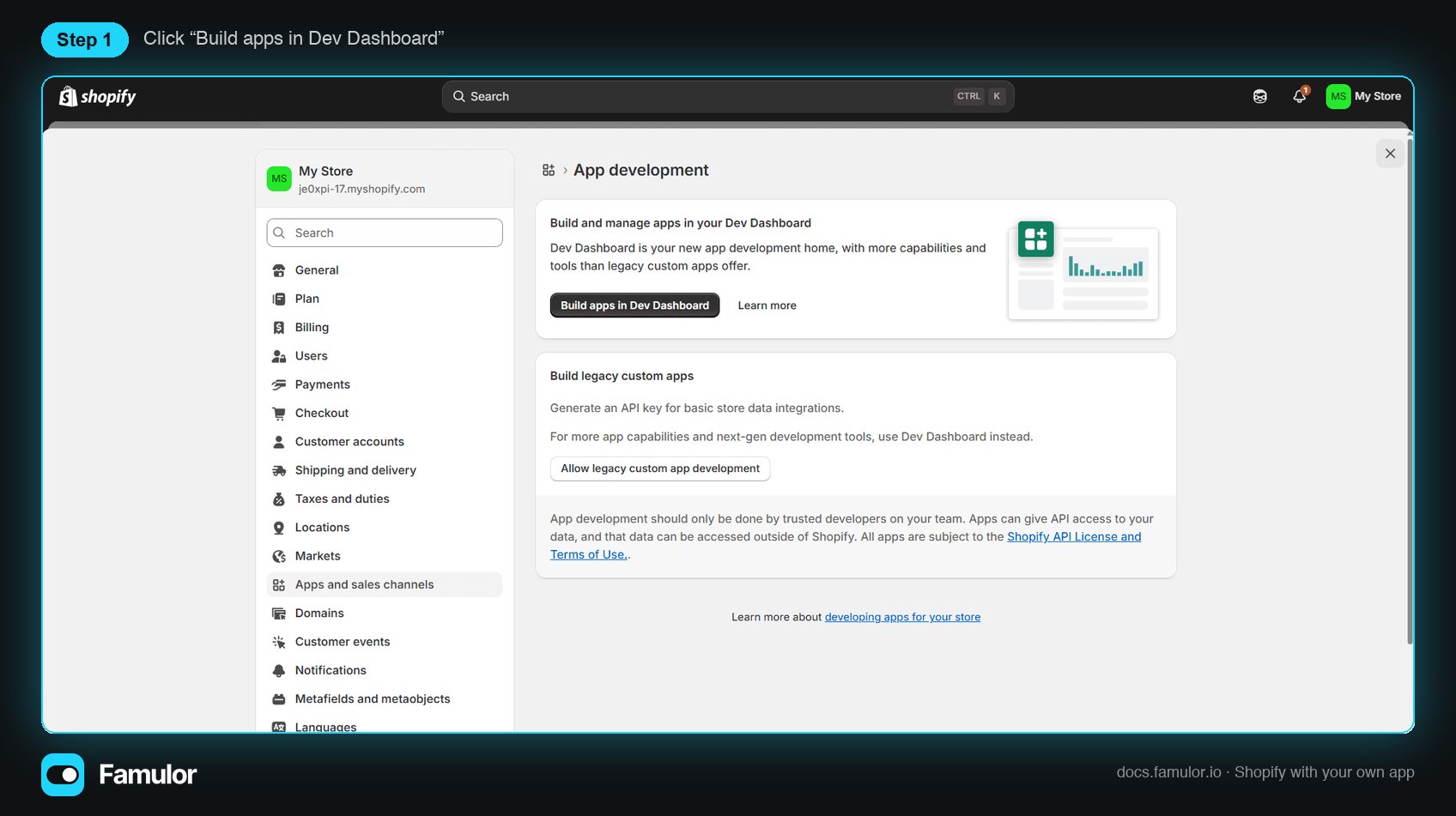 Seite App development mit dem Button Build apps in Dev Dashboard