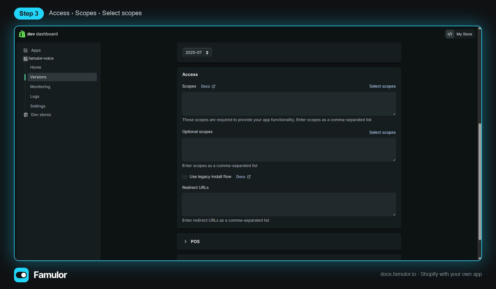 Bereich Access mit dem Feld Scopes und dem Link Select scopes