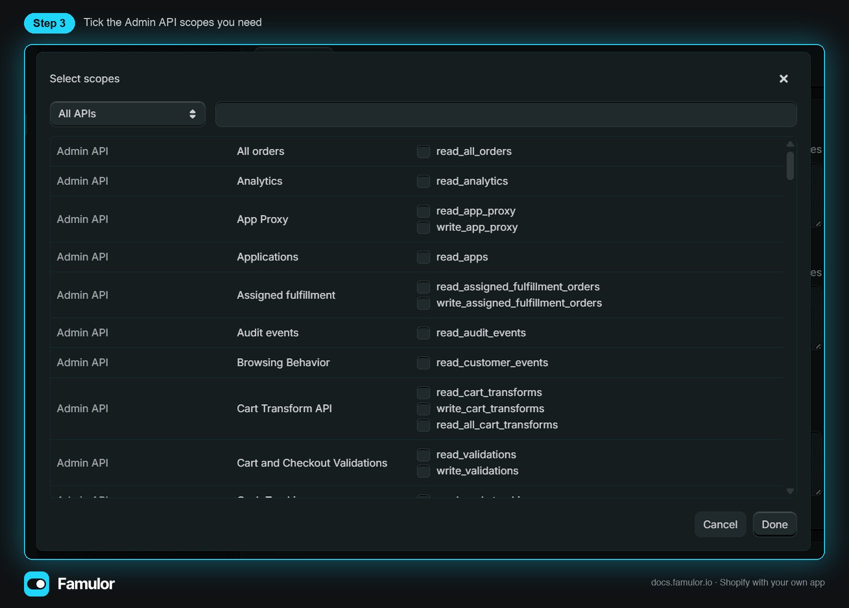 Dialog Select scopes mit Admin-API-Scopes
