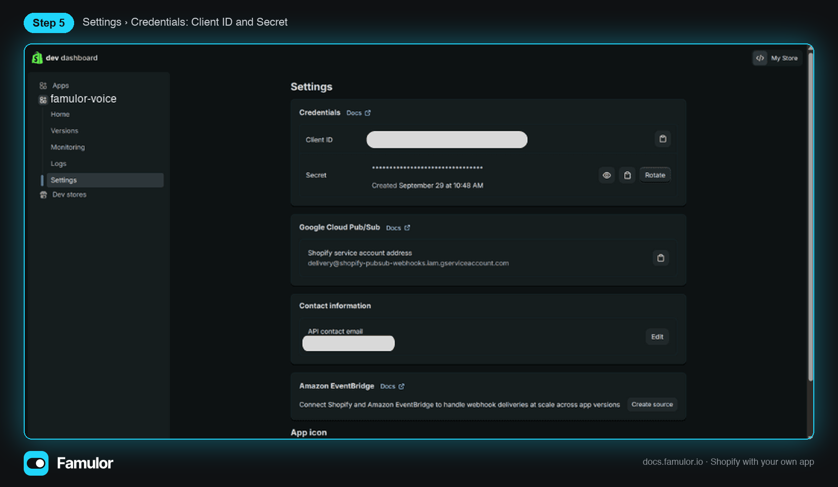 App settings page with Client ID and Secret