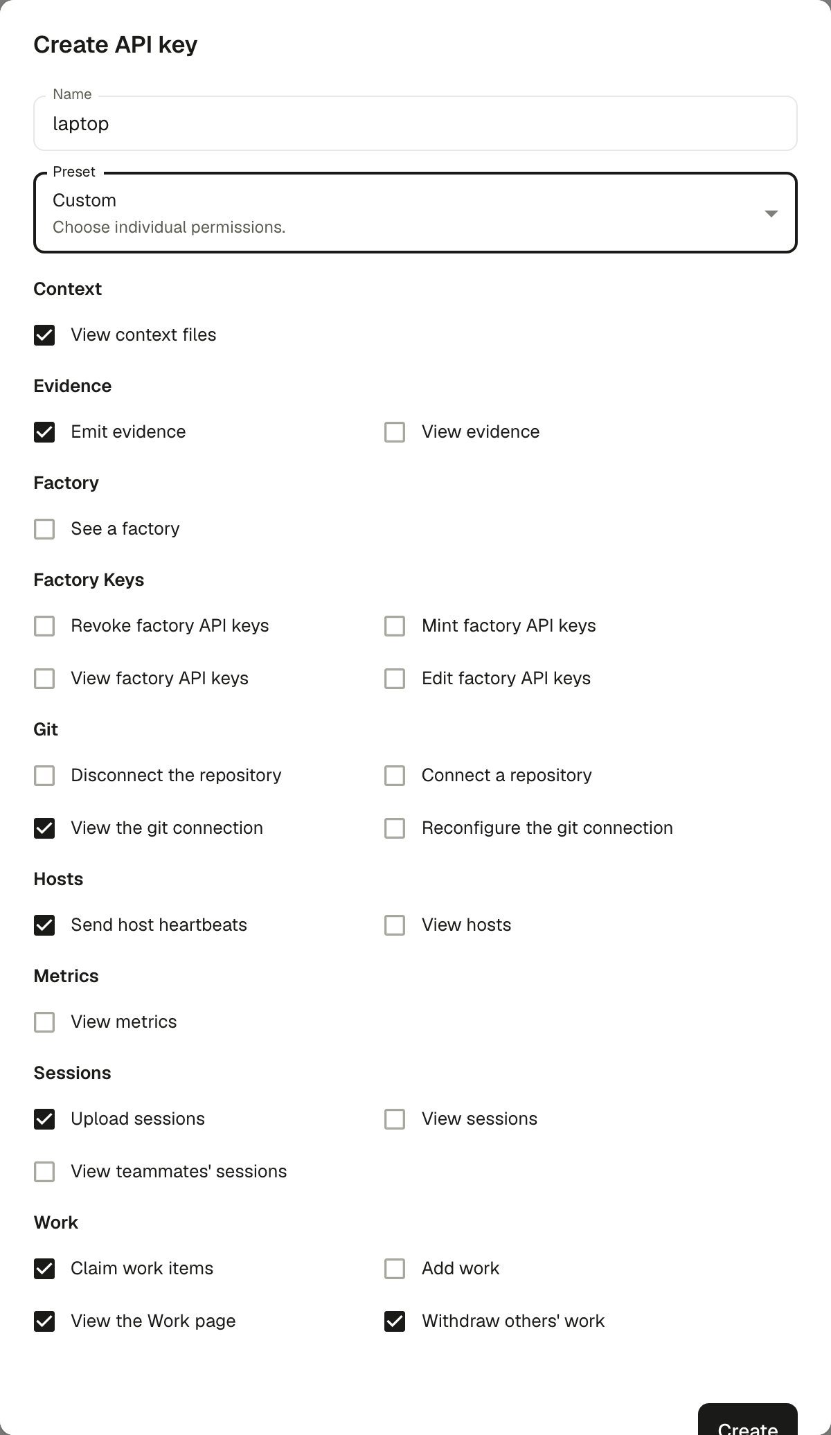 The Custom preset showing permission checkboxes grouped by area