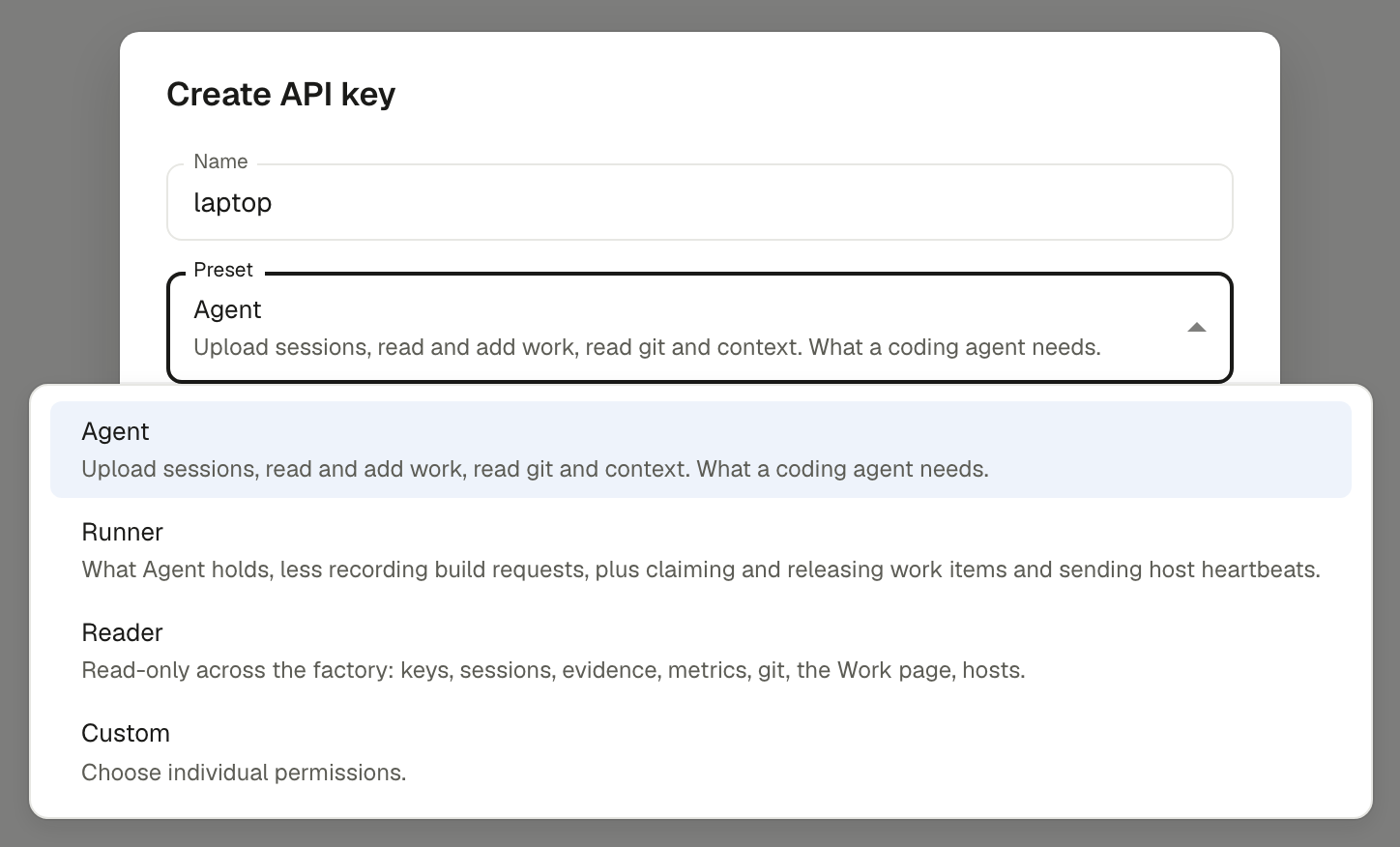 The preset dropdown with Agent, Runner, Reader and Custom