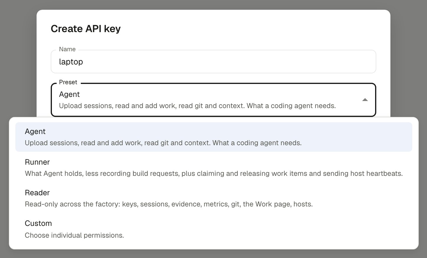 The preset dropdown with Agent, Runner, Reader and Custom
