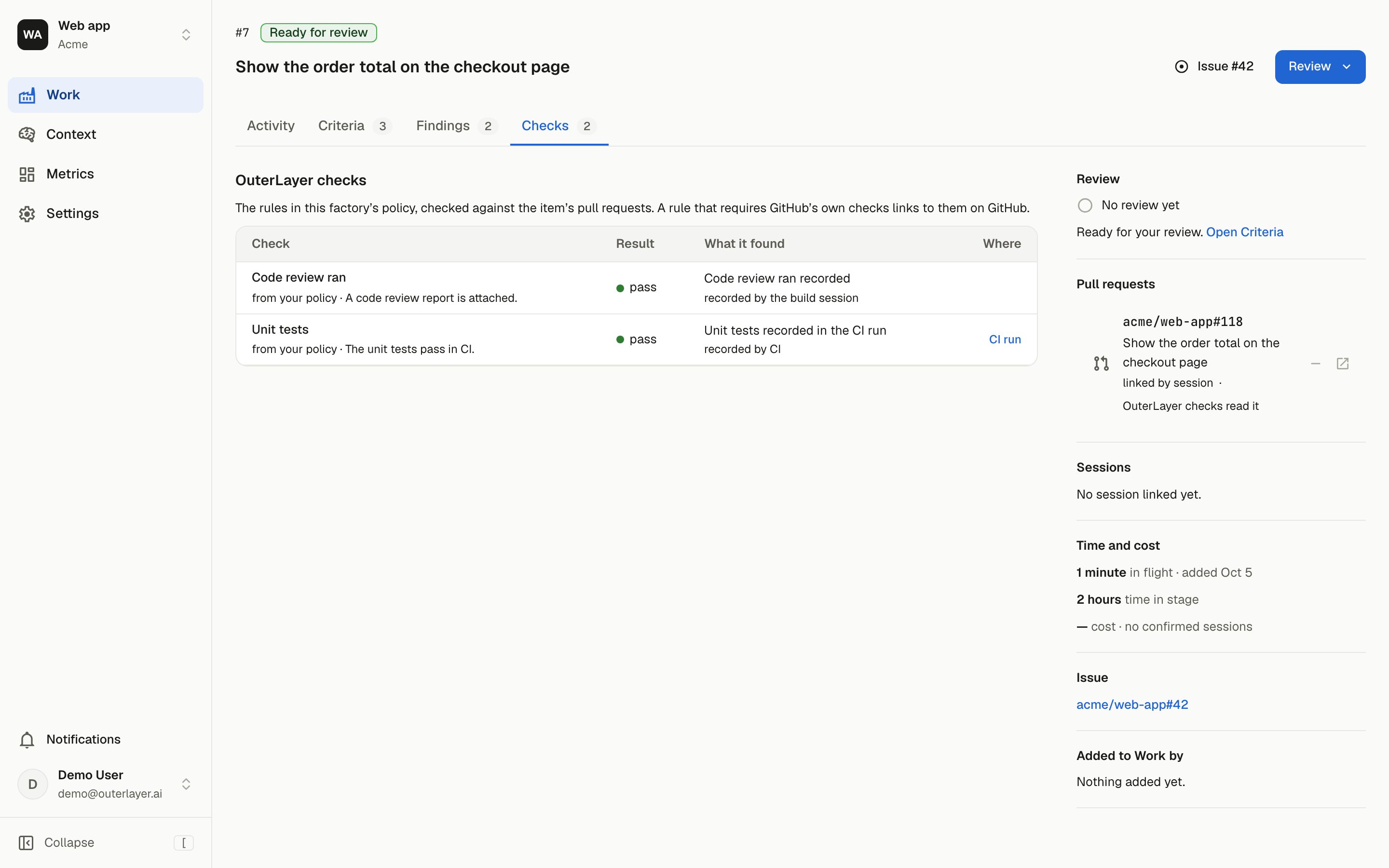 A work item page on its Checks tab, with two passing checks and the sidebar beside them