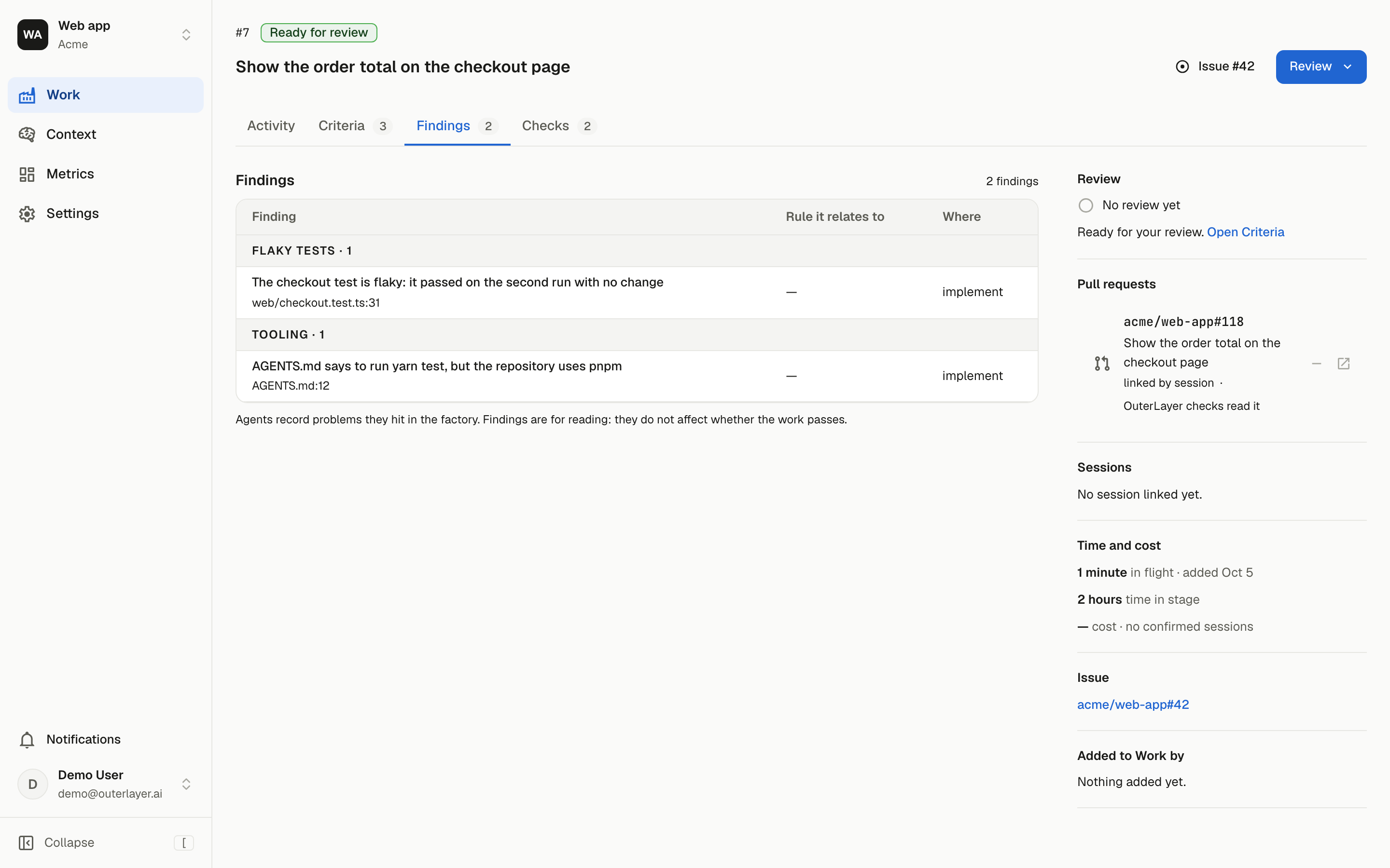 A work item page on its Findings tab, with one flaky-test finding and one tooling finding