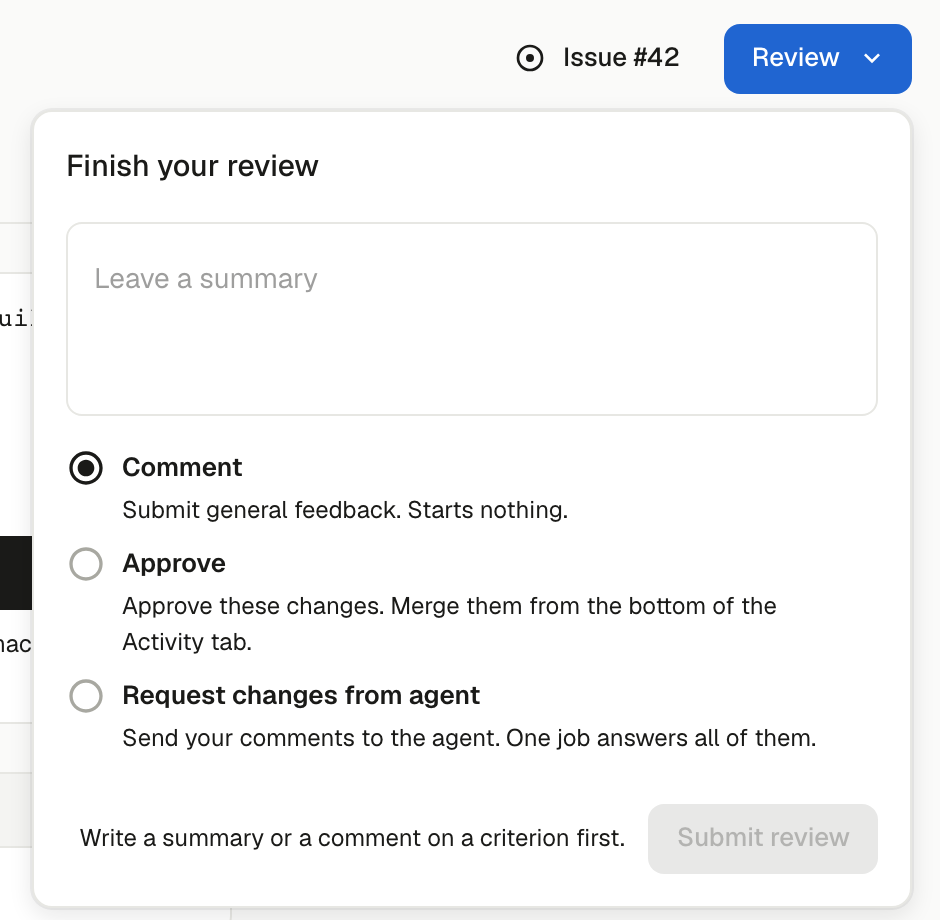 The Finish your review menu with a summary box and the Comment, Approve and Request changes from agent outcomes