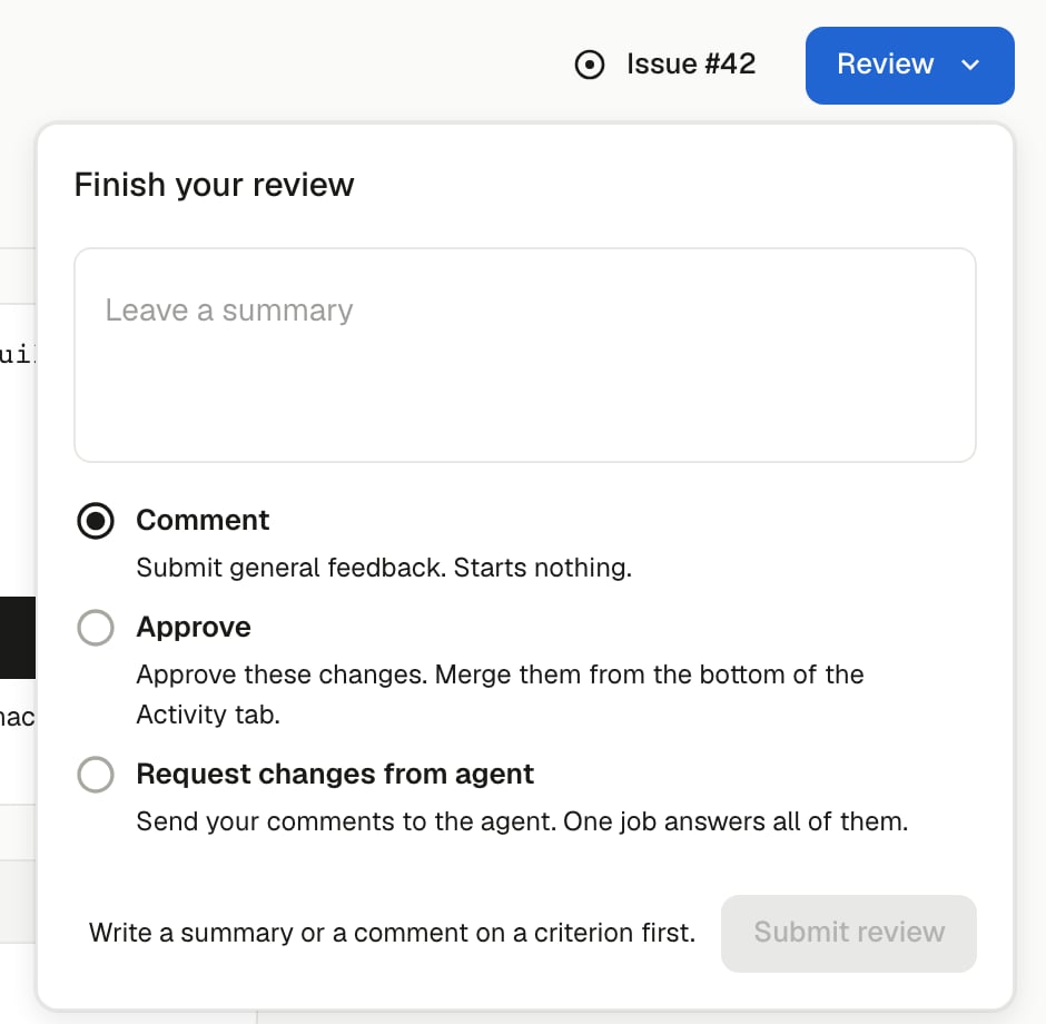 The Finish your review menu with a summary box and the Comment, Approve and Request changes from agent outcomes