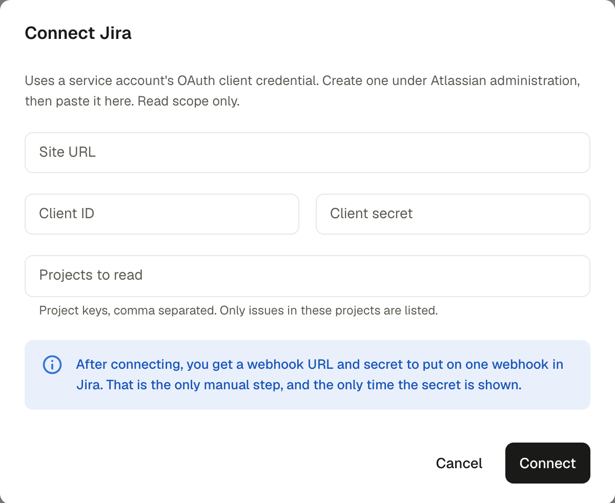 The Connect Jira dialog with Site URL, Client ID, Client secret and Projects to read fields