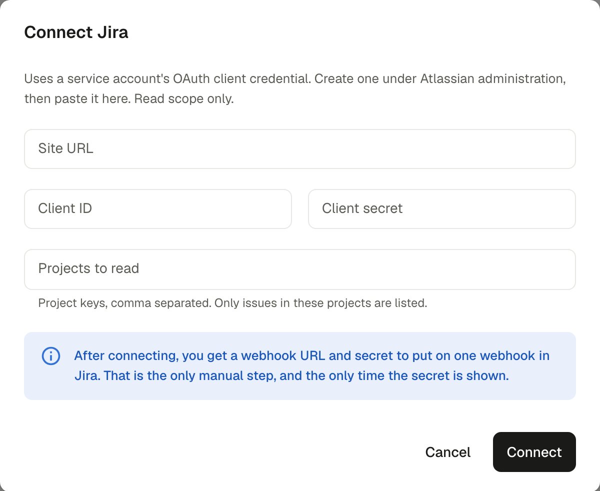 The Connect Jira dialog with Site URL, Client ID, Client secret and Projects to read fields