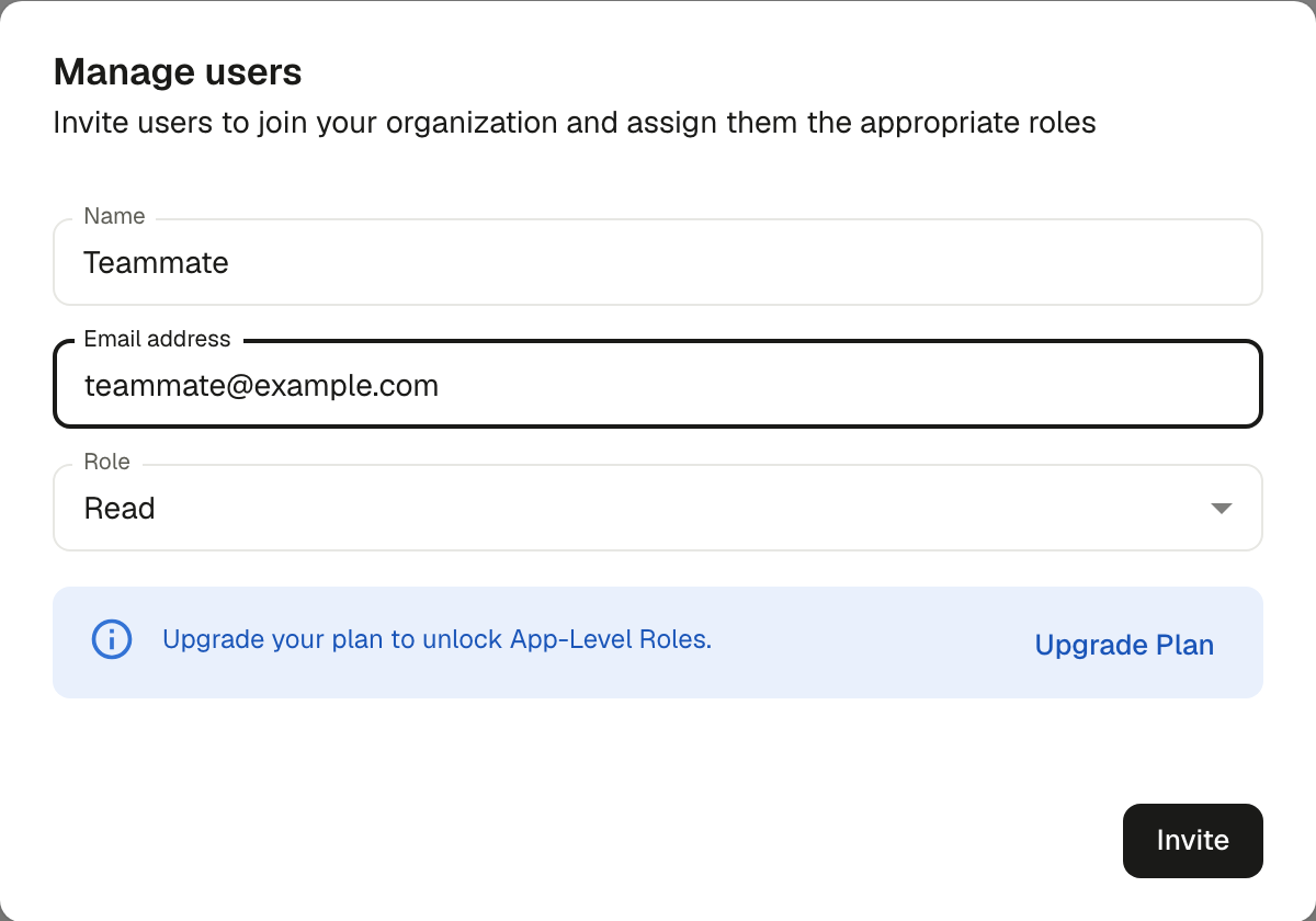 The Manage users invite dialog with name, email address and role fields and an Invite button