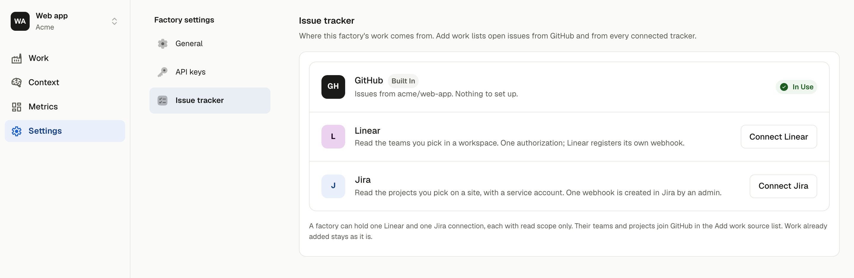 The Issue tracker settings page listing GitHub as in use, with Connect Linear and Connect Jira buttons