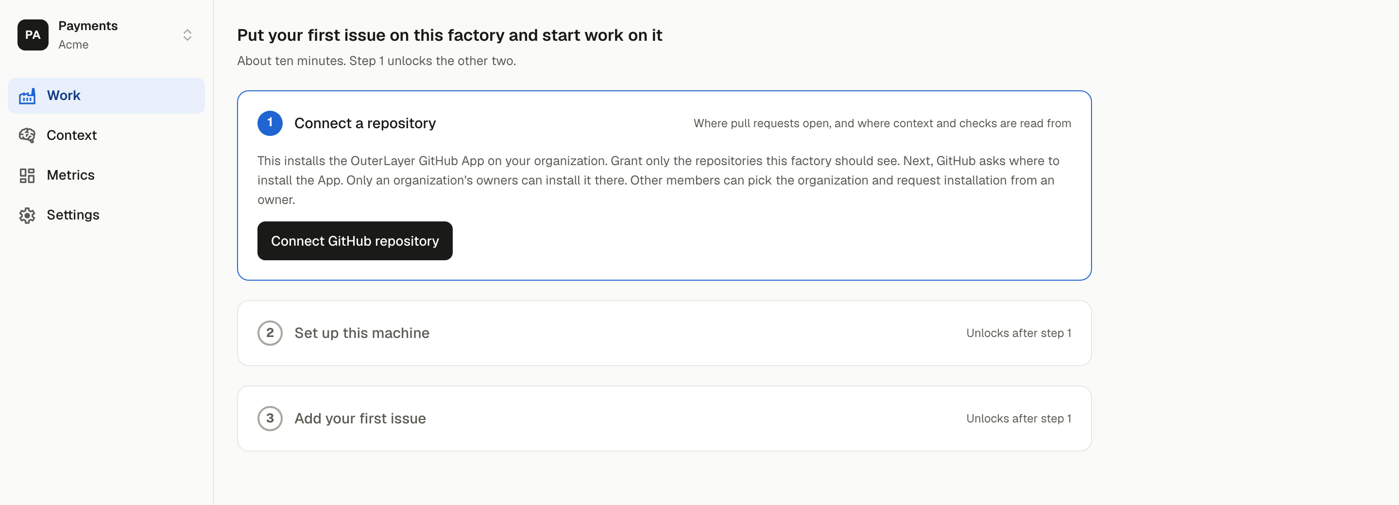 An empty Work page showing the three-step setup panel with Connect a repository active