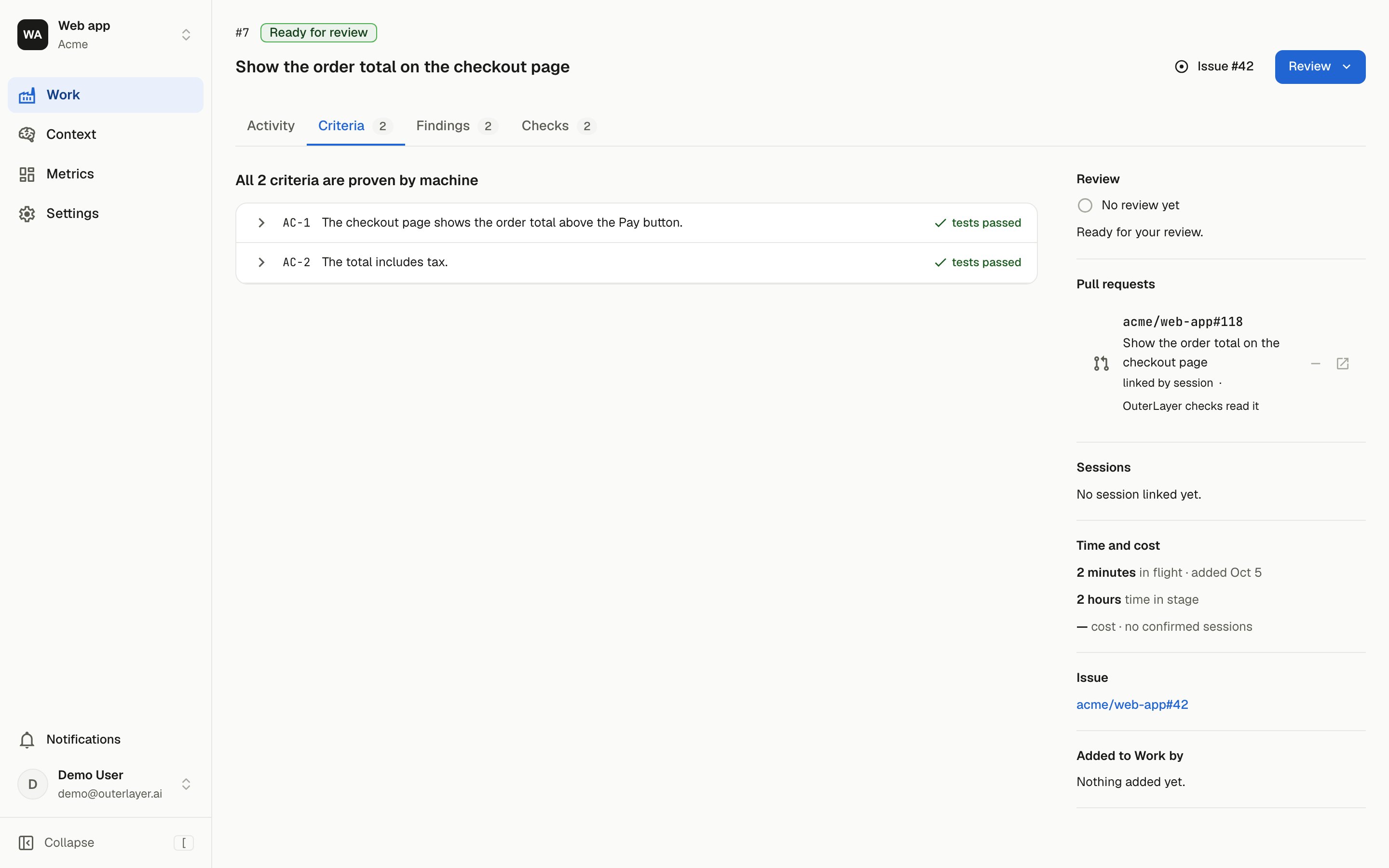 A work item page on its Criteria tab, with two criteria whose tests passed