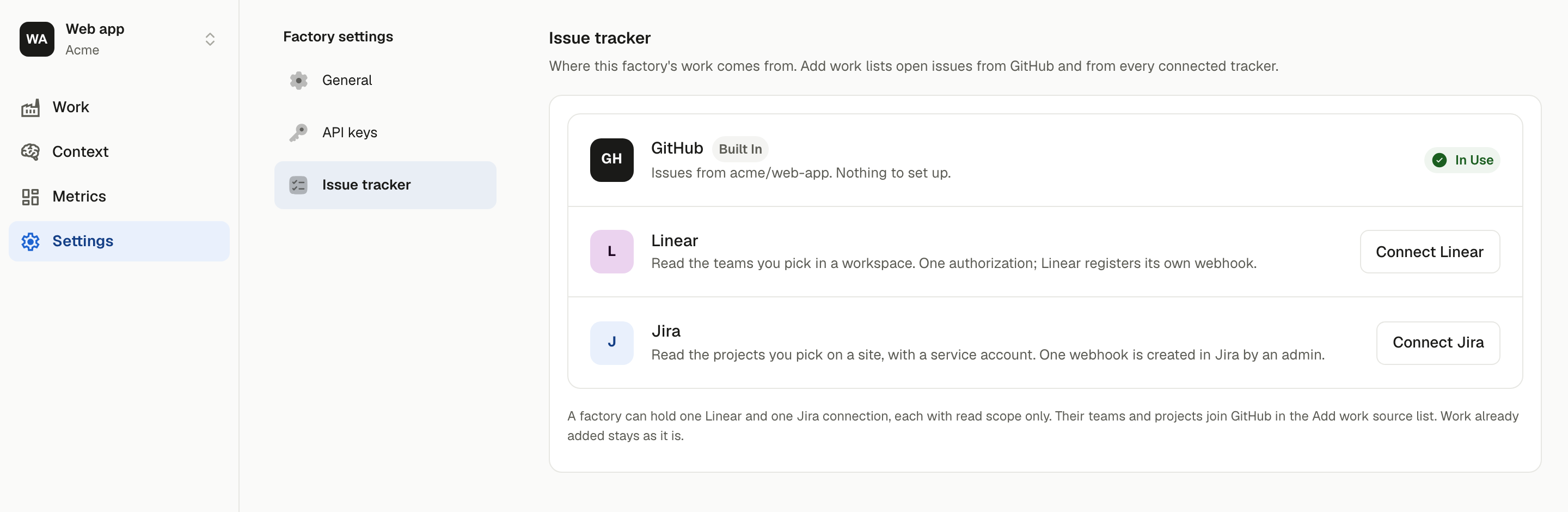 The Issue tracker settings page listing GitHub as in use, with Connect Linear and Connect Jira buttons