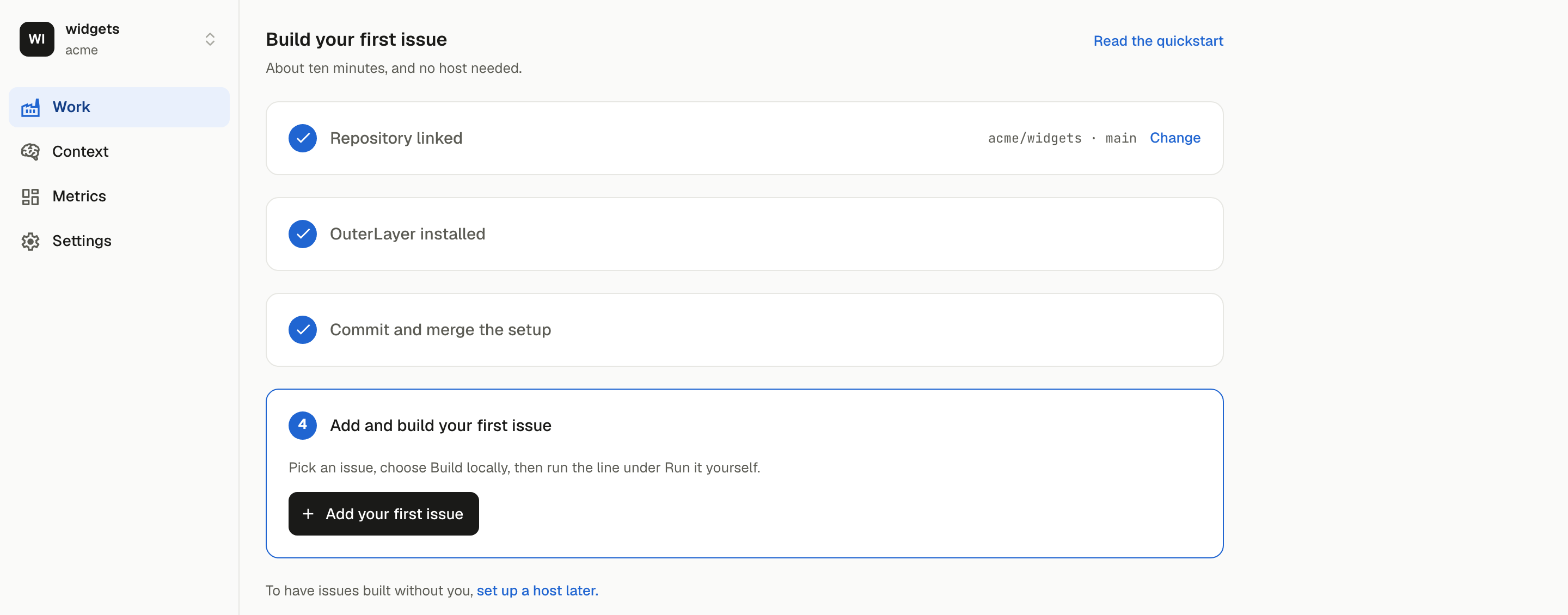 The setup panel with its first three steps ticked, and the Add your first issue button in the last step