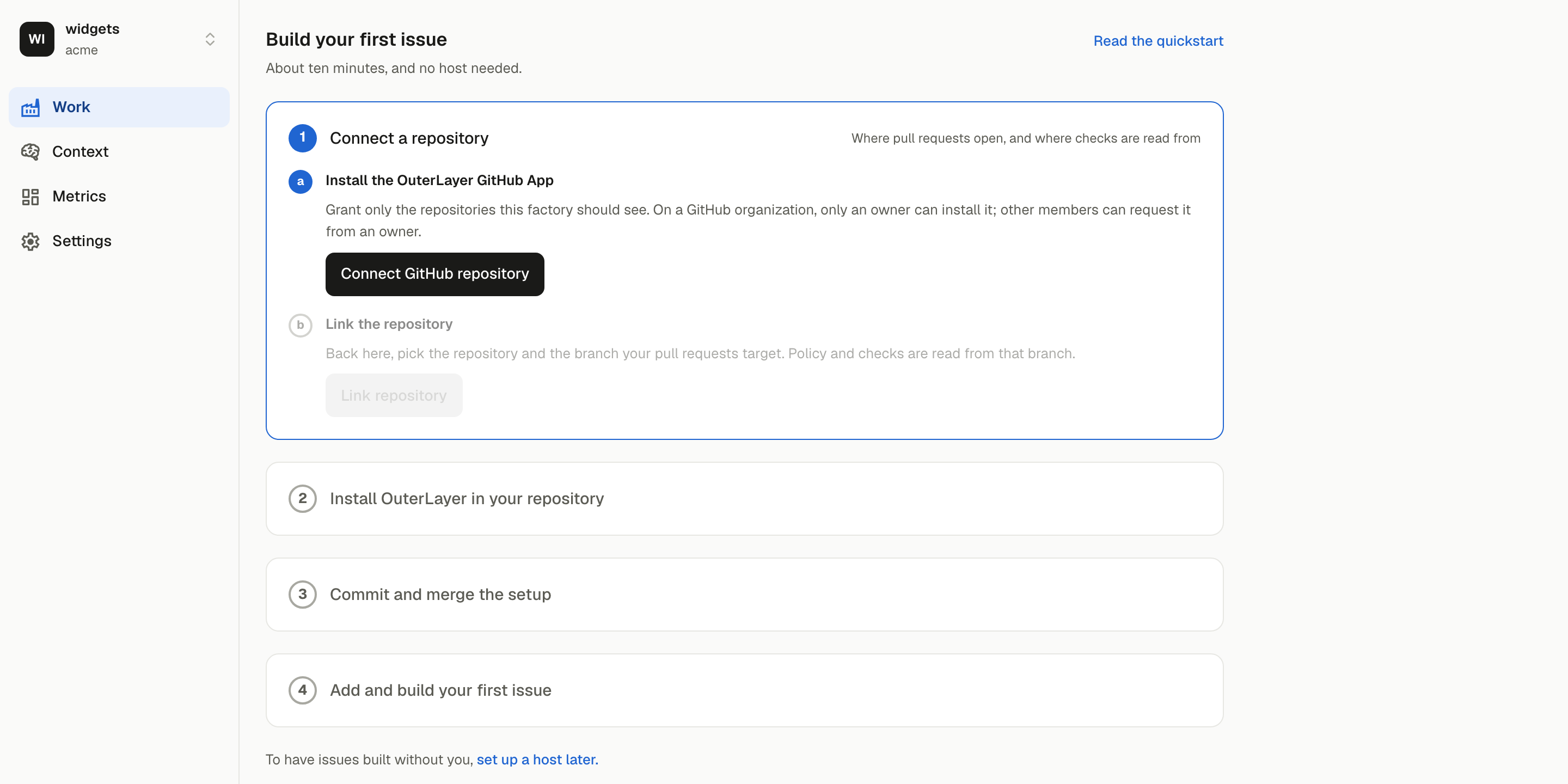 An empty Work page showing the four-step setup panel with Connect a repository active